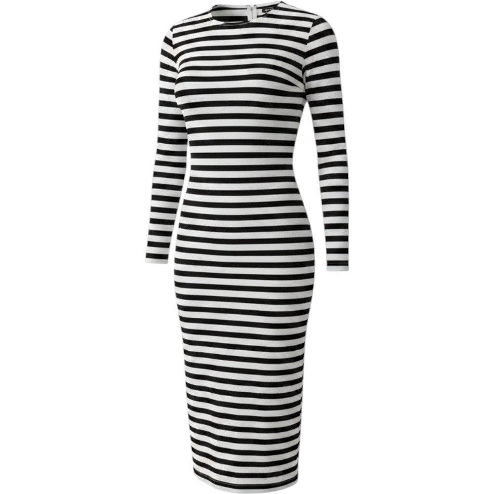 J. Crew Black and White Striped Long Sleeve Midi Dress